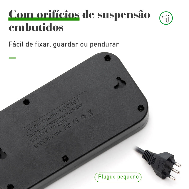 Extensão Elétrica com USB Tipo C - Filtro de Linha Multitap com Plugue Brasil e 5 Tomadas CA