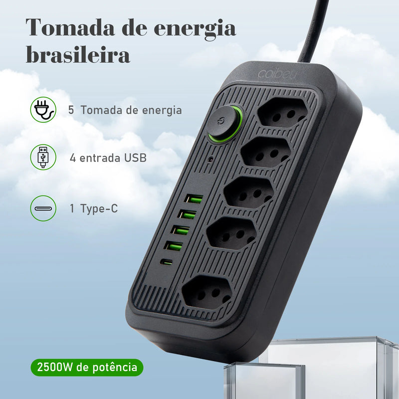 Extensão Elétrica com USB Tipo C - Filtro de Linha Multitap com Plugue Brasil e 5 Tomadas CA